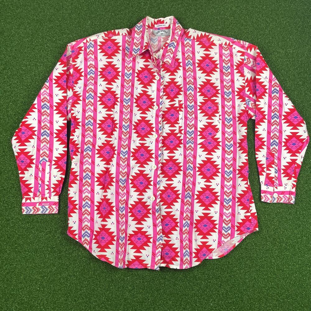Vintage 90s Side Saddle Pink Aztec Long Sleeve Western Button Up Shirt Sz L